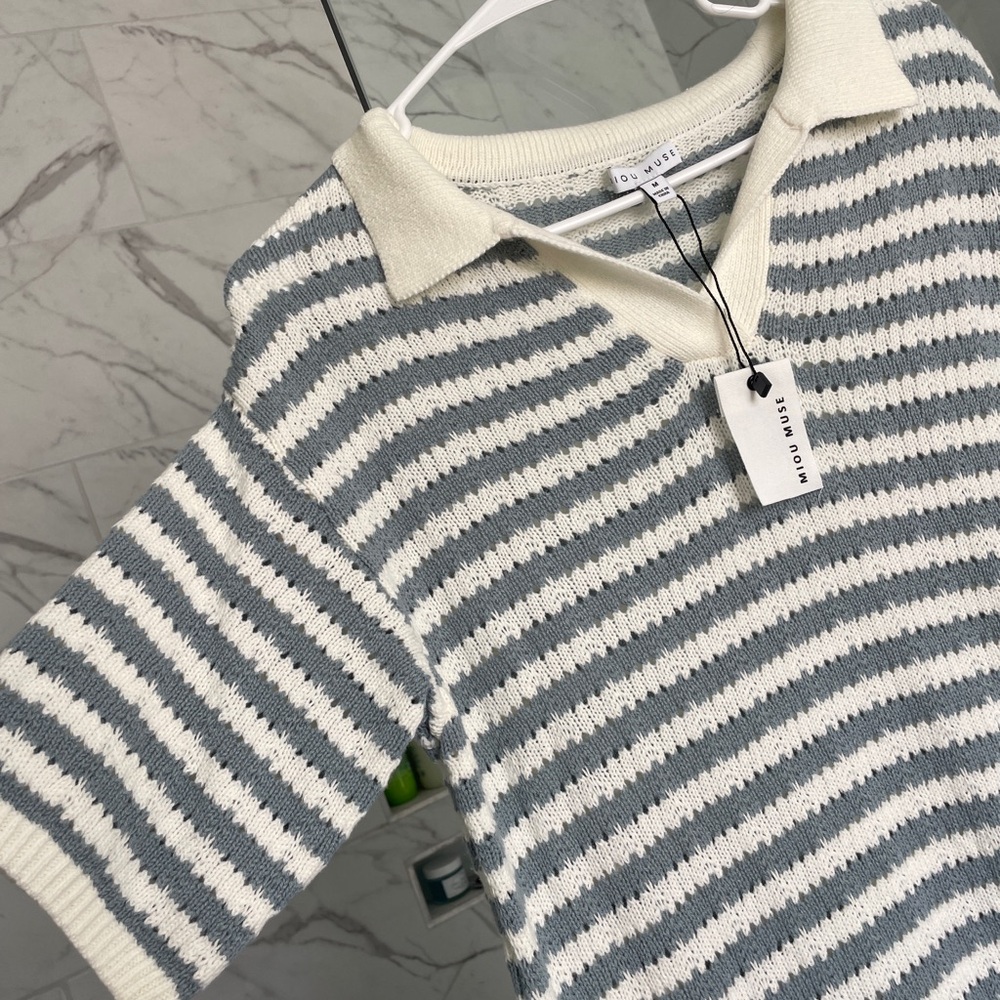 Mio muse open knit sweater dress. Light blue and cream. Size medium